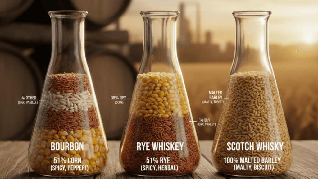 Visual breakdown of grain percentages in bourbon (51% corn), rye whiskey (51% rye), and Scotch whisky (100% malted barley) with flavor impact indicators
