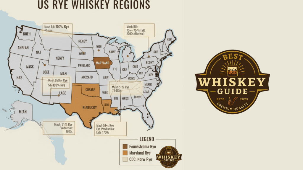 Map of United States showing Pennsylvania, Maryland, Kentucky, and New York rye whiskey regions with distinct mash bill percentages and historical production dates