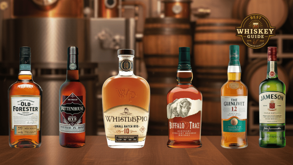 Professional product photography showing recommended bottles arranged by category with tasting glasses and background distillery equipment