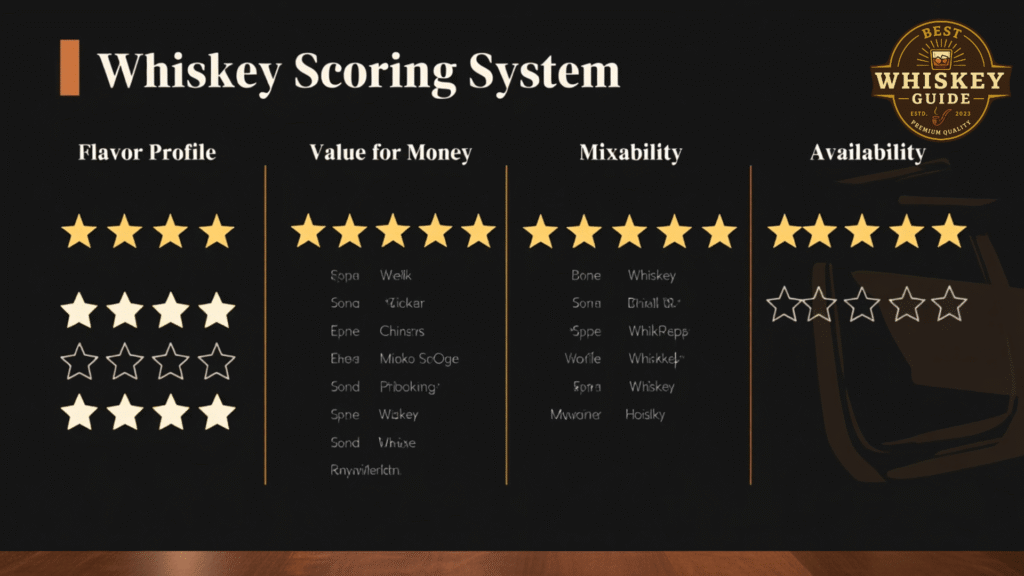Professional scoring chart showing flavor, value, mixability, and availability ratings for recommended whiskeys with 5-star visual system