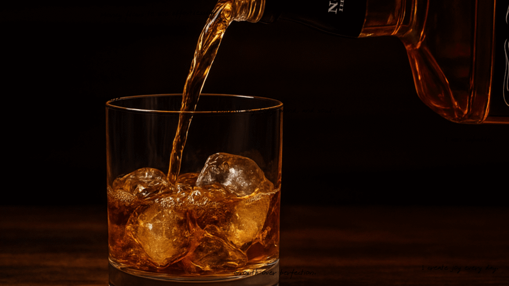 Jack Daniel's whiskey being poured into a rocks glass with ice
