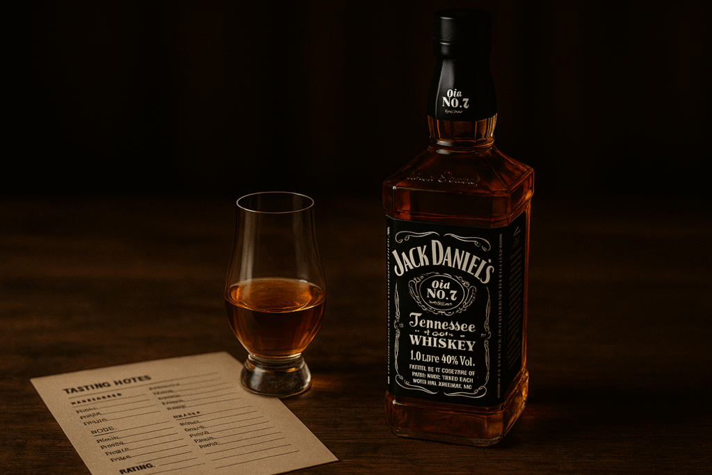 one Jack Daniel's bottle and one glass on the tasting table