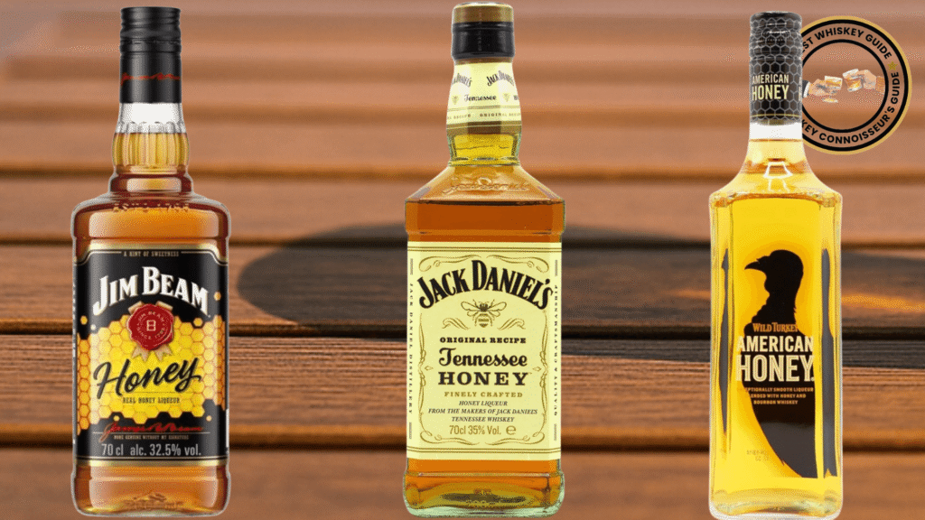 Jack Daniel's Tennessee Honey, Wild Turkey American Honey, and Jim Beam Honey