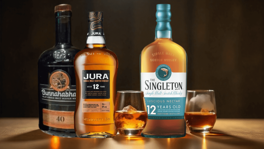 Bottles of competitor single malt whiskies – Bunnahabhain 40, Jura 12, and Singleton 12 – with glasses of whisky.