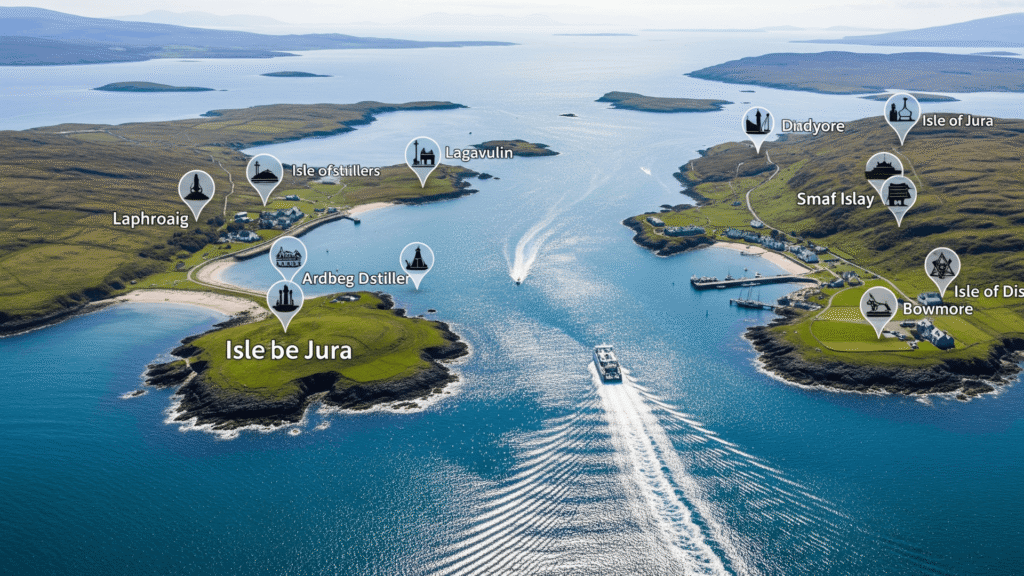Map of the Scottish Isles and Jura distilleries, showing Ardbeg, Lagavulin, Laphroaig, and Isle of Jura with icons.