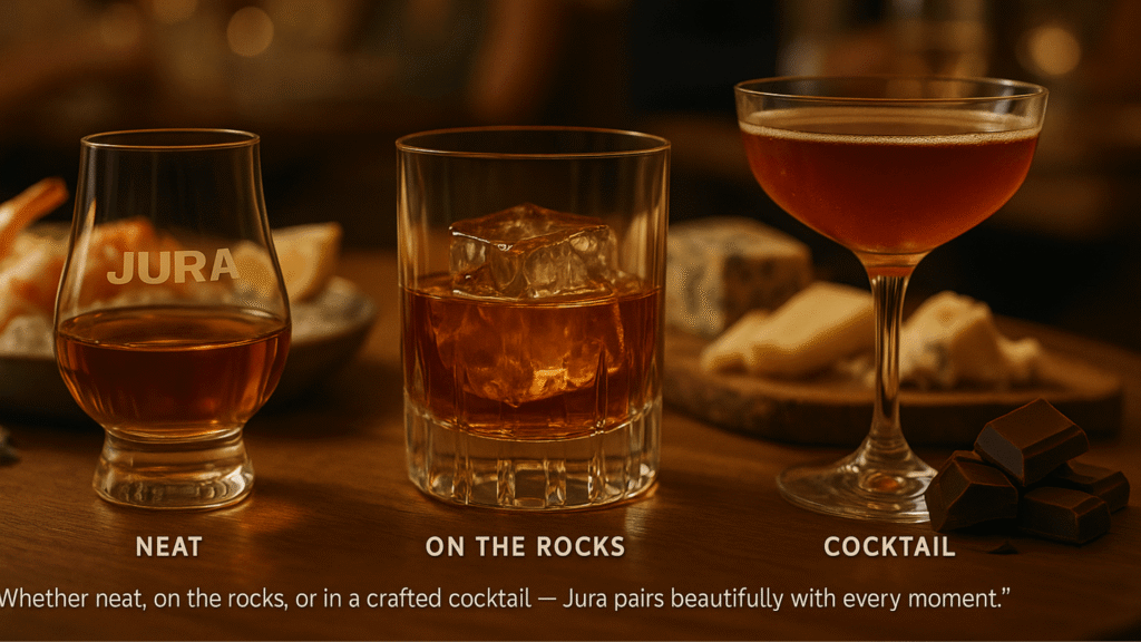 Banner image reading 'Whether neat, on the rocks, or in a crafted cocktail — Jura pairs beautifully with every moment.'