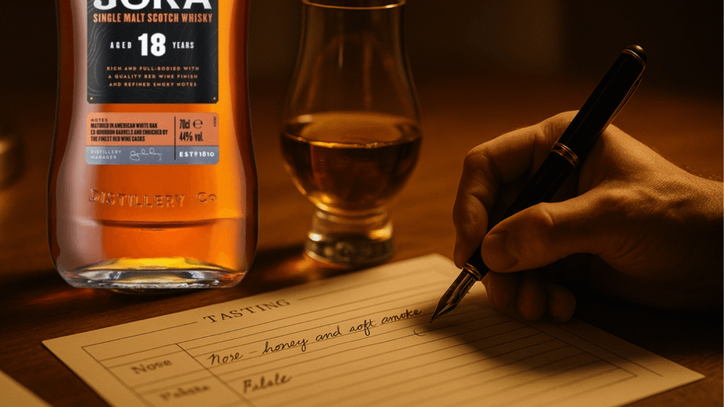 Jura whisky bottle and glass next to a hand writing tasting notes on a notepad.