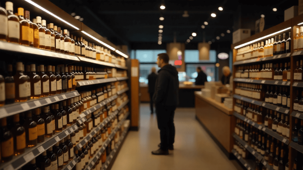 Supermarket aisle with shelves full of whisky bottles and a shopper browsing.
